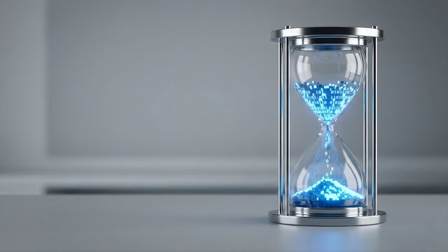 Modern hourglass filled with glowing blue digital data particles and binary code. Conceptual imagery for big data processing, time management in the digital age, and rapid information flow. - Powered by Adobe