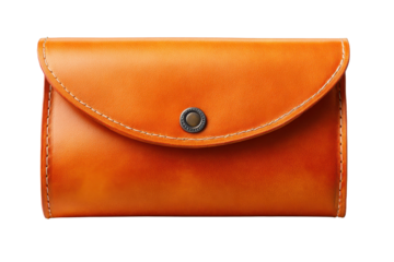 Small orange leather pouch clutch with curved flap and button closure, smooth leather grain, stitched edges, compact shape and minimalist accessory styling isolated on transparent background.