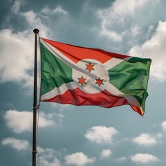 The flag of Burundi waving in the wind against a cloudy sky