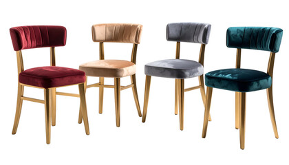 Four plush velvet chairs with wooden frames, in red, beige, gray, and teal