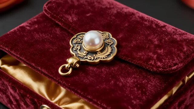 Close up of red velvet gift box with golden pearl phoenix clasp