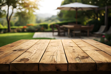 Outdoor Wooden Tabletop with Soft Focus Garden Background.