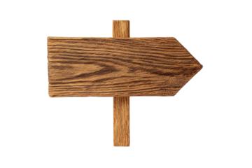 Wooden right pointing arrow signboard mounted on a short post, visible wood grain texture with clean carved edges and rustic signage detail, isolated on transparent background.
