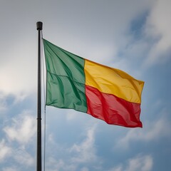 The flag of Benin waving in the wind against a cloudy sky