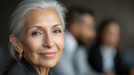 Obraz premium Confident businesswoman smiling at the camera with colleagues in background during meeting. Professional atmosphere shows engagement, collaboration, and focus in workplace.