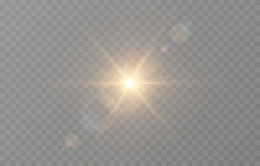 Vector realistic light PNG. Sun with rays and glare PNG. Sunlight or dawn on transparent background. Golden light.
