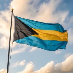 The flag of the Bahamas waving in the wind against a cloudy sky