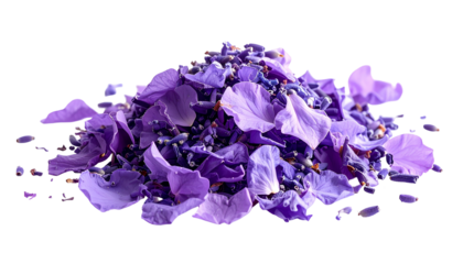 A pile of purple flower petals and lavender buds isolated on a black background