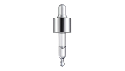 Isolated dropper with metallic cap and glass tube, containing liquid with a hanging drop