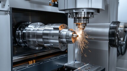 A modern machine tool processes a metal part, throwing off sparks and illustrating industrial power, which will serve as a reliable backdrop for materials on production technologies.