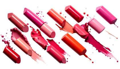 Array of lipstick tubes and smears against black. Various shades and textures are depicted