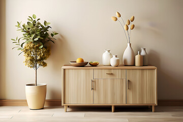Minimal Interior with Wooden Sideboard and Floral Decor.