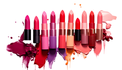 Array of colorful lipsticks, arranged with smears & drips against a black background