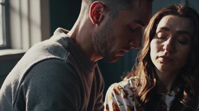 A man and a woman sit together on a couch crying, sharing a moment of emotional support in a dimly lit room