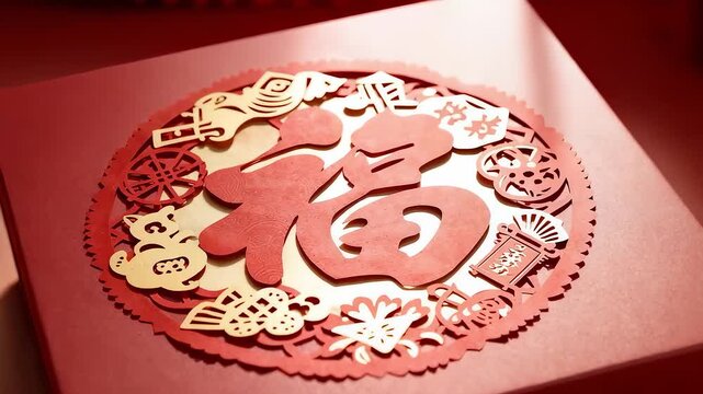 Close up of exquisite paper cut Fu character on red Spring Festival gift box