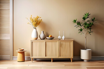 Light Wood Cabinet Against Beige Wall in Modern Interior.