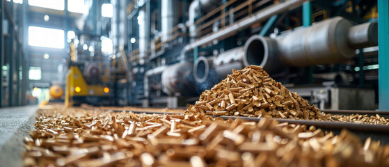 A pile of wood pellets in an industrial workshop highlights the problem of pollution and serves as a relevant backdrop for discussing alternative energy sources.