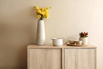 Minimalist Wooden Cabinet with Vase and Yellow Flowers.