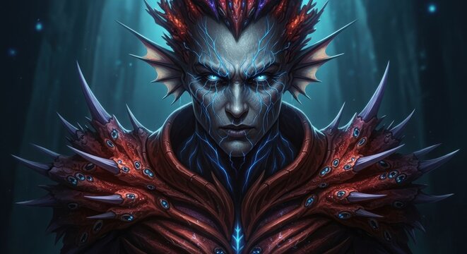 Mysterious alien with glowing blue eyes and intricate armor.