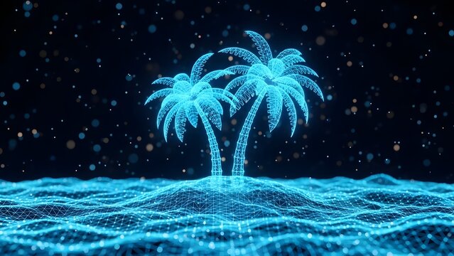 Digital paradise and virtual reality tropical landscape. Metaverse island and future technology. Glowing blue wireframe hologram of palm trees on a digital wave surface under stars