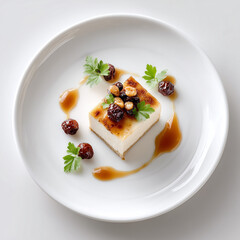 Delicious dessert with caramelized cheese and nuts served on white plate. Dessert features creamy texture, garnished with herbs and syrup creating a refined presentation.
