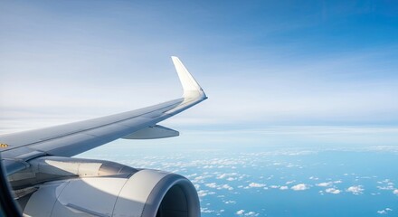 Fototapeta premium A view from an airplane window, showcasing the wing and the sky with clouds.