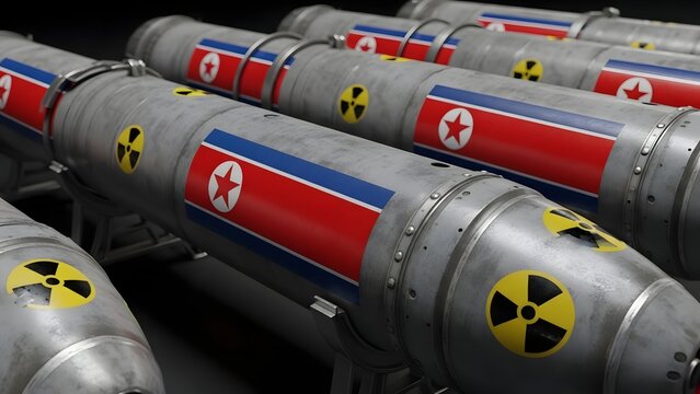 Gray cylindrical missiles with North Korean flag and yellow radiation symbols in rows
