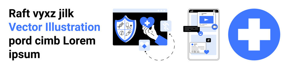 Obraz premium Healthcare, digital protection, telemedicine, health apps, online consultations, medical technology. Shield with heart, mobile interface showing health app and medical cross icon. Healthcare