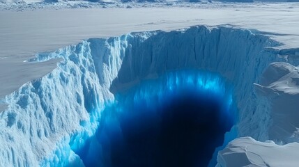 A melting glacier with a deep crevasse and bright blue hues of water highlights the dramatic consequences of the climate crisis, which will enhance the visual impact in documentary 