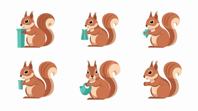 Six cartoon squirrels interacting with teal-colored objects