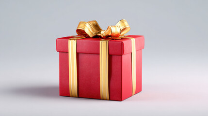 Gift box present red gold ribbon bow celebration holiday surprise Red gift box with shiny gold ribbon bow clean light background, symbol of celebration, holiday surprise, festive present