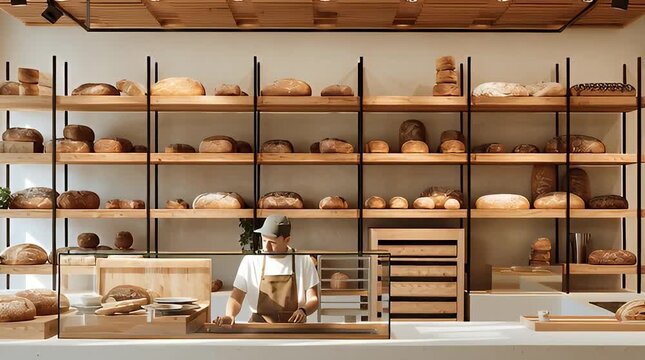 Modern minimalist bakery interior with fresh artisan bread on display. A baker works behind the counter in this clean, inviting shop environment