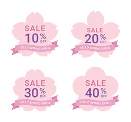A set of spring sale labels featuring pink cherry blossom shapes and ribbons. Ideal for spring season promotions, retail marketing, and social media advertising.