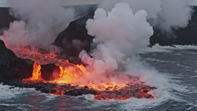 Volcanic eruption in the ocean with lava flowing into the sea from a rocky cliff, aerial view, natural disaster scene