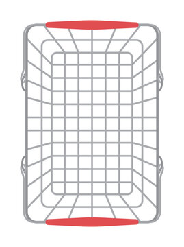 Top view of an empty metal wire shopping basket with red handles. Clean vector illustration perfect for retail business, e-commerce app icons, grocery store promotions, and marketing materials.