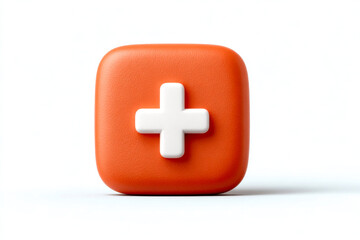 Obraz premium A simple orange button with a white plus sign, symbolizing addition and positivity, set against a clean white background.