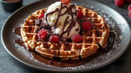 Appetising waffles with ice cream, berries and chocolate will decorate your culinary blog, creating an enticing backdrop for your recipes.