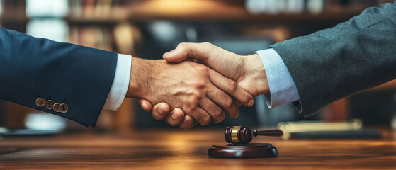 A handshake over a table with a wooden hammer emphasises the theme of legal services or business partnerships as a reliable backdrop for presentations.
