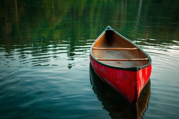 Empty red canoe floating on calm lake reflecting surrounding green trees