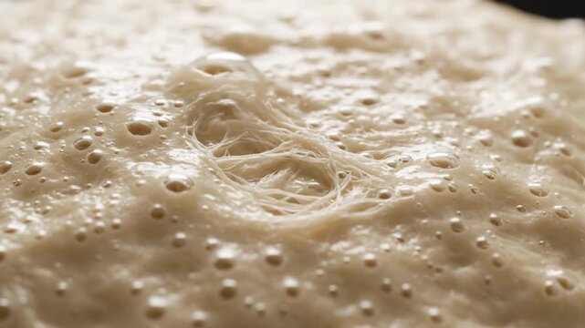 Close-up of dough with bubbles and texture, perfect for culinary and baking concepts
