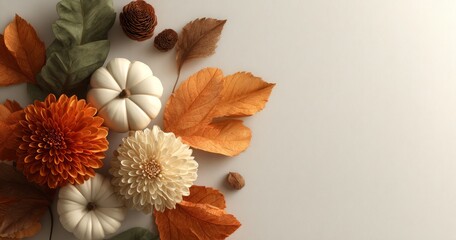 Obraz premium Autumn Flat Lay Composition with Pumpkins, Leaves, and Flowers for Seasonal Design
