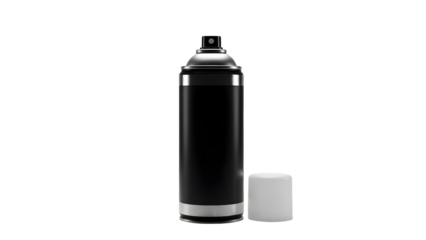A black spray can with a white cap standing upright on a plain white background