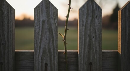 Fototapeta premium Thorny rose stem grows through weathered wooden fence at sunset