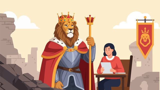 Majestic lion king presides over woman at desk amidst crumbling ruins and banner