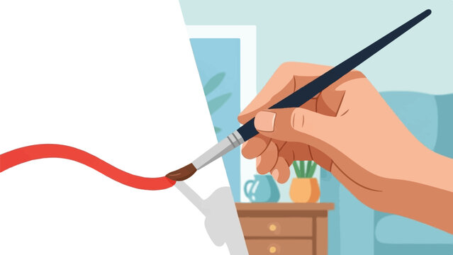 Hand holding paintbrush creating a red stroke on blank canvas with potted plant and pitcher