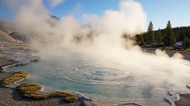 Serene geyser eruption in a geothermal landscape surrounded by trees, viewed from a distance.