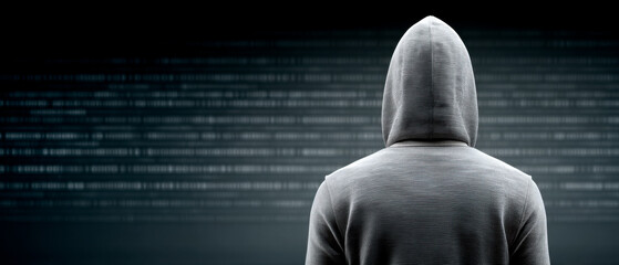 A figure in a hoodie stands against a dark background filled with binary code, evoking themes of anonymity and digital intrigue.