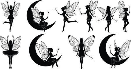 Vector illustration of fairy silhouettes—symbols for magic, fantasy, elegance, wings, moonlight, enchantment, mythical creatures, and whimsical character design graphics © MstManjuara