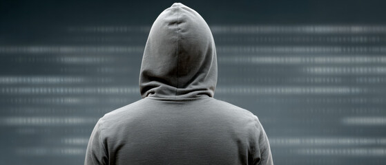 A figure in a hoodie stands against a backdrop of binary code, symbolizing the themes of technology and anonymity.