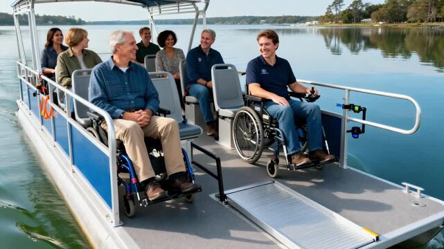 Medium shot of an allinclusive accessible water tour with adaptive seating and assistive devices capturing a smooth barrierfree adventure on serene waters